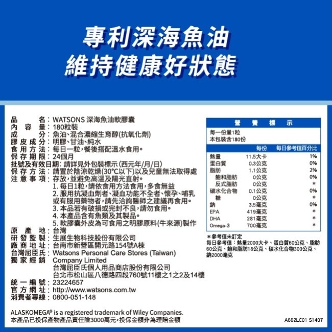 WATSONS 深海魚油軟膠囊180粒