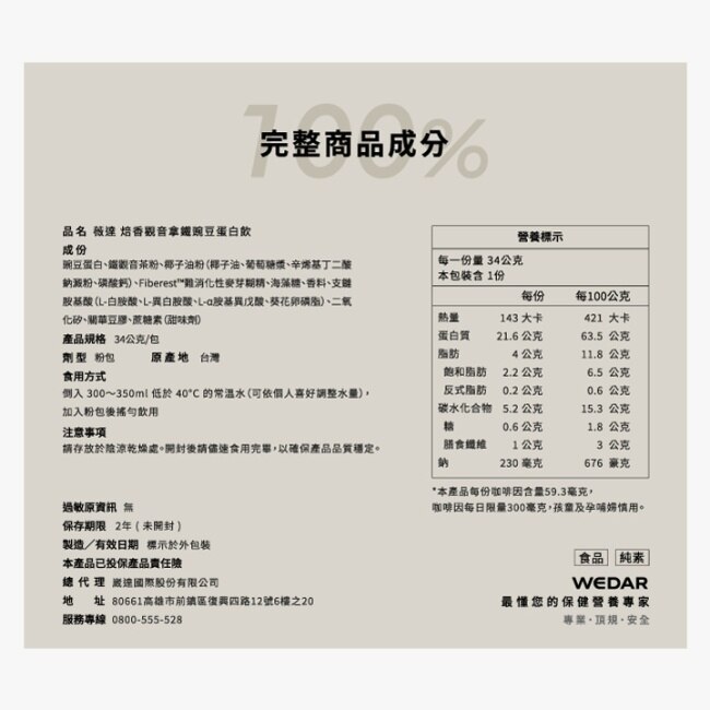 WEDAR全方位豌豆蛋白飲34g-焙香觀音拿鐵