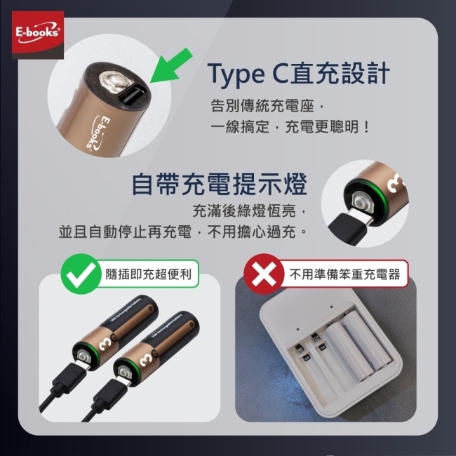 E-books B127 千次循環Type C直充3號AA鋰電池贈一對二充電線