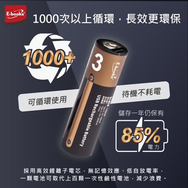 E-books B127 千次循環Type C直充3號AA鋰電池贈一對二充電線