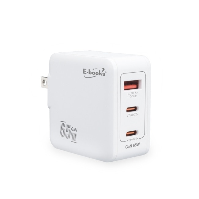 E-books B80 【台灣製造】65W 氮化鎵 PD+QC3.0三孔快速充電器