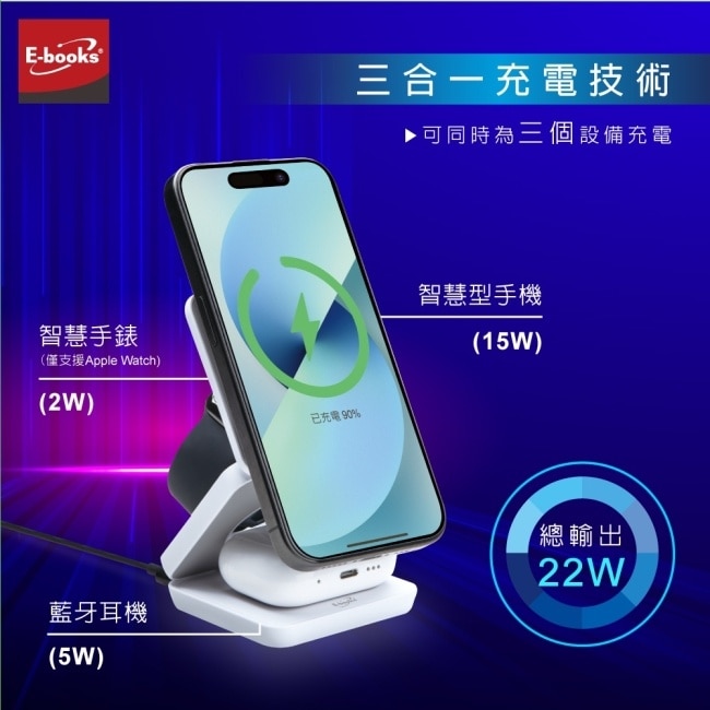 E-books B110 【台灣製造】22W快充三合一摺疊支架磁吸無線充電器