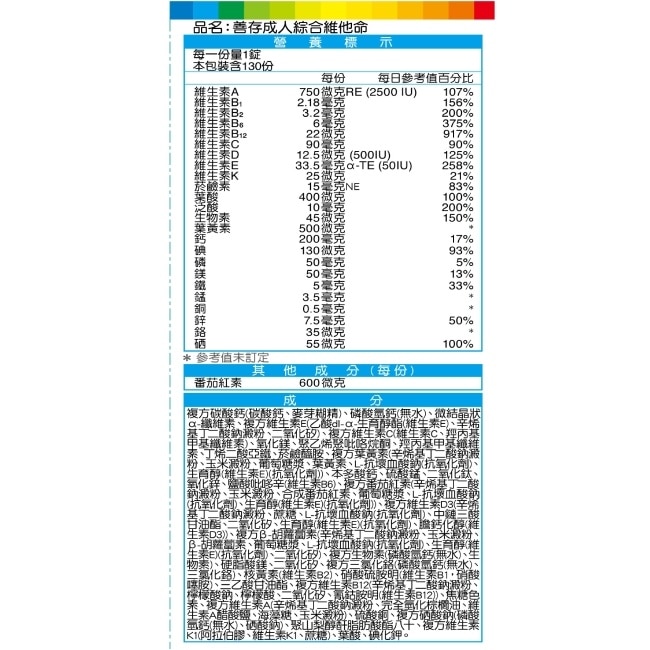 善存成人綜合維他命 130錠 image