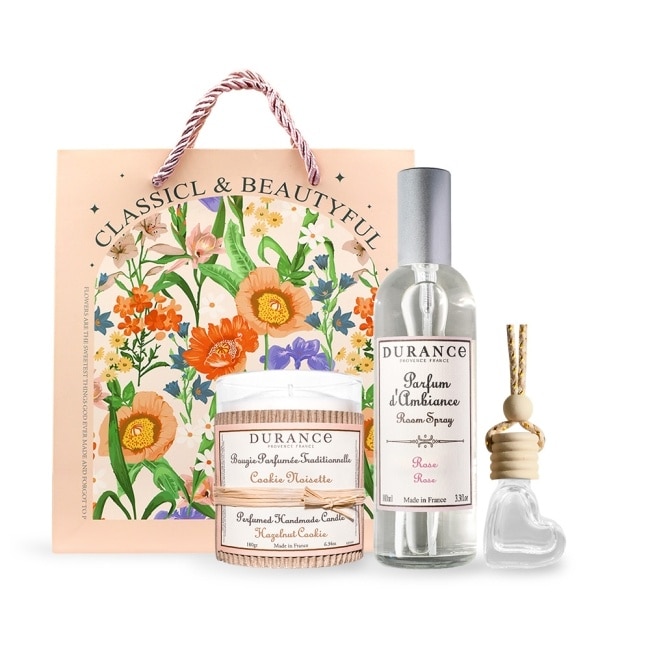 DURANCE 朵昂思 大地居家香氛噴霧(玫瑰)100ml+精油蠟燭隨機味道180g-贈擴香掛飾+提袋-公司貨