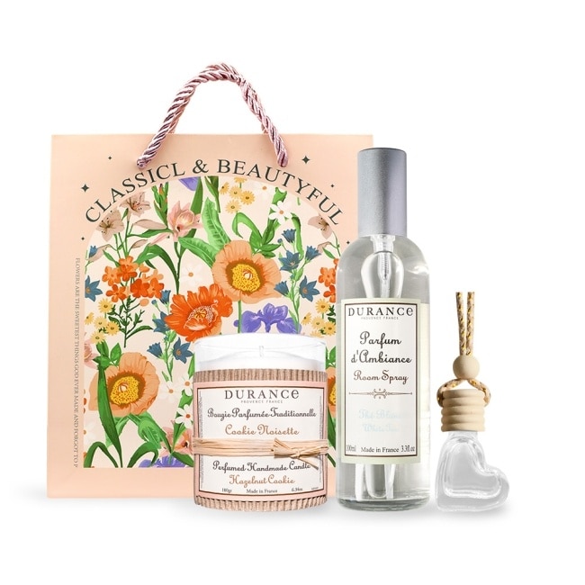 DURANCE 朵昂思 大地居家香氛噴霧100ml(白茶)+精油蠟燭隨機味道180g-贈擴香掛飾+提袋-公司貨
