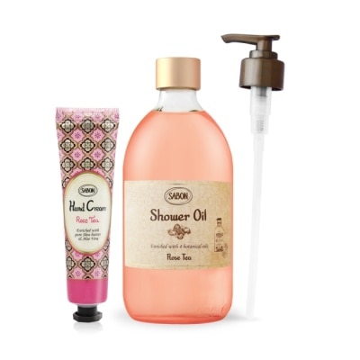 SABON SABON 玫瑰茶語沐浴油(500ml)-贈壓頭+護手霜(30ml)-國際航空版