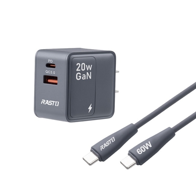 RASTO RB58 20W氮化鎵PD+QC3.0快充贈60W C to C快充傳輸線