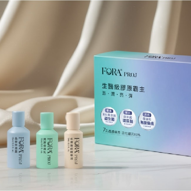 FORA PROJ 3日膠原高光-水潤輕盈組(晶瑩保濕露15ml+ 丰潤撫紋精華液7ml+潤澤保濕乳10ml/3入組)