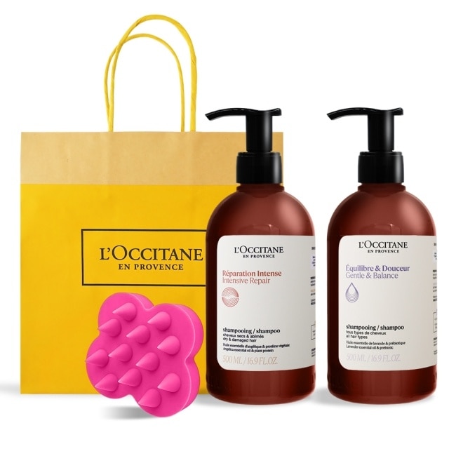 L’OCCITANE 歐舒丹 經典草本洗髮乳(500mlX2)送頭皮按摩刷-修護+平衡-專櫃公司貨