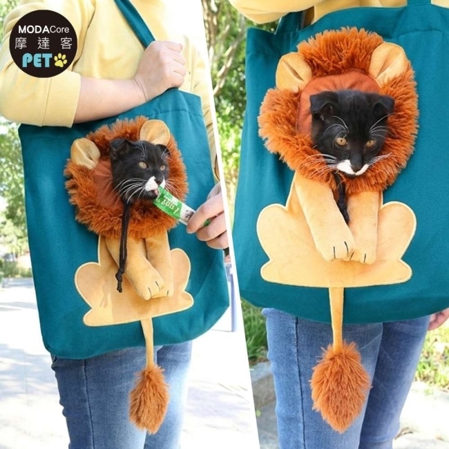 摩達客寵物-可愛逗趣小獅子造型寵物外出帆布袋 可露頭單肩包 藍綠色S 小型貓狗寵物可使用