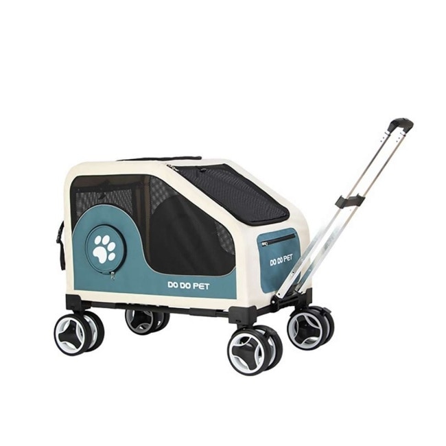 摩達客寵物 卡通可愛風旅行箱式大空間兩用折疊推車 藍綠色 狗窩貓窩外出露營