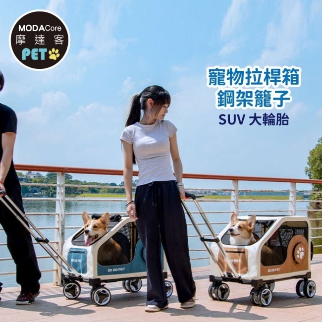 摩達客寵物 卡通可愛風旅行箱式大空間兩用折疊推車 藍綠色 狗窩貓窩外出露營
