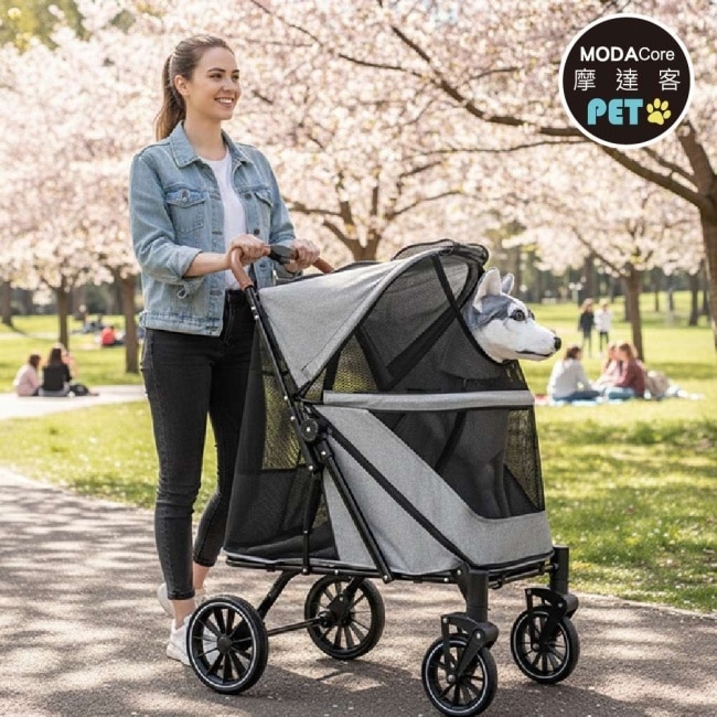 摩達客-高齡照護型貓狗適用GV02前後雙門大空間可折疊低底盤寵物推車/橄欖綠色款/55KG以下猫狗適用