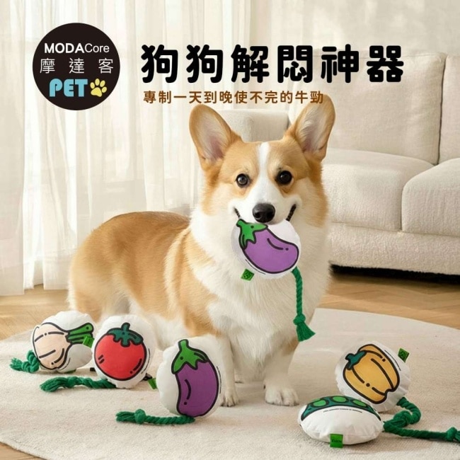 摩達客寵物-棉繩咬咬發聲玩具-茄子與番茄兩入組-狗猫磨牙互動紓壓_陪伴布娃娃自嗨解悶