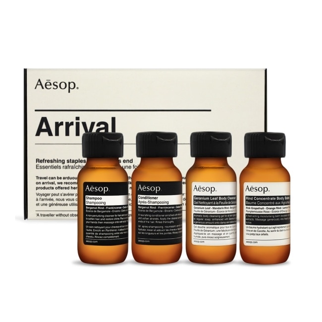 Aesop 抵達 旅行組[洗髮露50ml+潤髮乳50ml+天竺葵身體潔膚露50ml+橙香身體乳霜50ml]-國際航空版