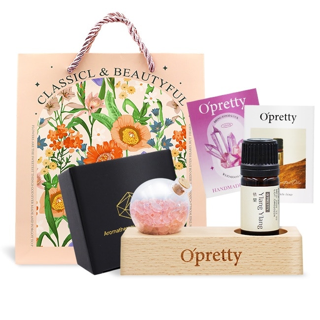 O’Pretty 歐沛媞 水晶精油療癒能量套組 (粉水晶擺飾+精油5ml+能量直覺卡)-母親節限定附提袋