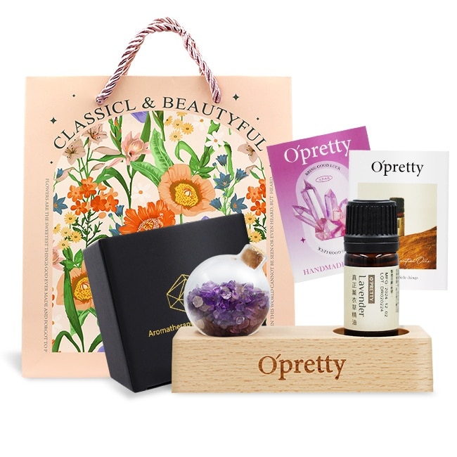 O’Pretty 歐沛媞 水晶精油療癒能量套組  (紫水晶擺飾+精油5ml+能量直覺卡)-母親節限定附提袋