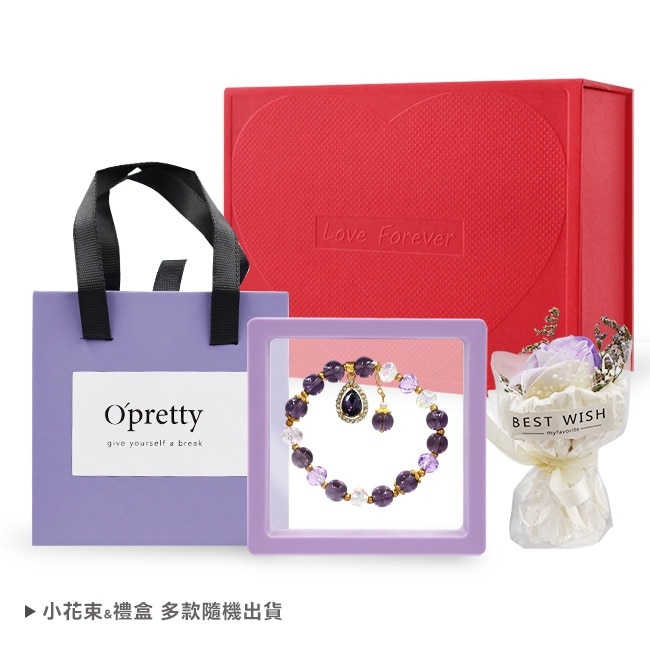 O’Pretty 歐沛媞 好運隨身能量手鍊祝福禮盒 [紫晶水滴吊墜手鍊+祝福禮盒+小花束]-母親節限定寵愛好運組