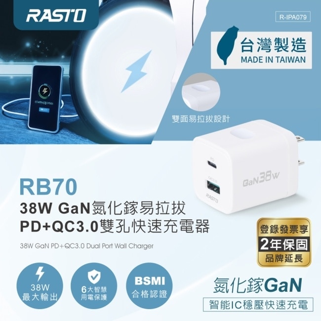 RASTO RB70【台灣製造】38W GaN氮化鎵PD+QC 3.0充電器 image
