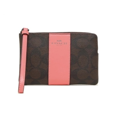 COACH - 【COACH】拼接皮革L型拉鍊手拿包-咖啡胭脂粉
