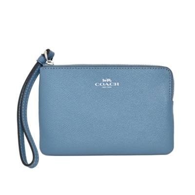 COACH - 【COACH】素面皮革Ｌ型拉鍊手拿包-藍灰色