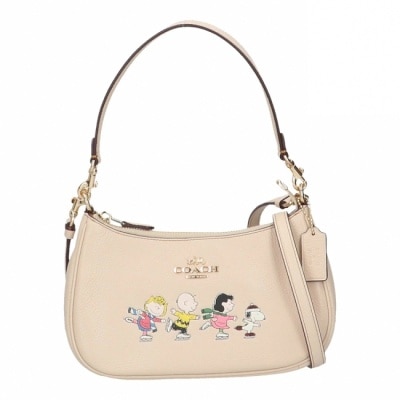 COACH - 【COACH】史努比聯名款皮革肩斜背兩用彎月包-米白