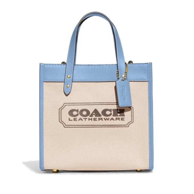 【COACH】拼接皮革手提小托特包-米白藍邊 image