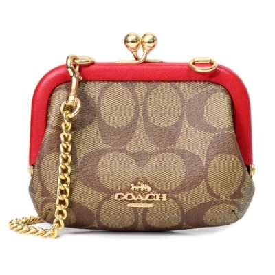 COACH - 【COACH】滿版LOGO皮革小廢包/ 零錢鍊包-卡其紅