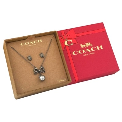 COACH - 【COACH】珍珠水鑽項鍊耳環禮盒組-灰