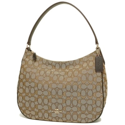 COACH - 【COACH】滿版LOGO織布拼接皮革肩背包-卡其咖