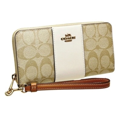 COACH - 【COACH】滿版LOGO防刮皮革長夾-卡其白
