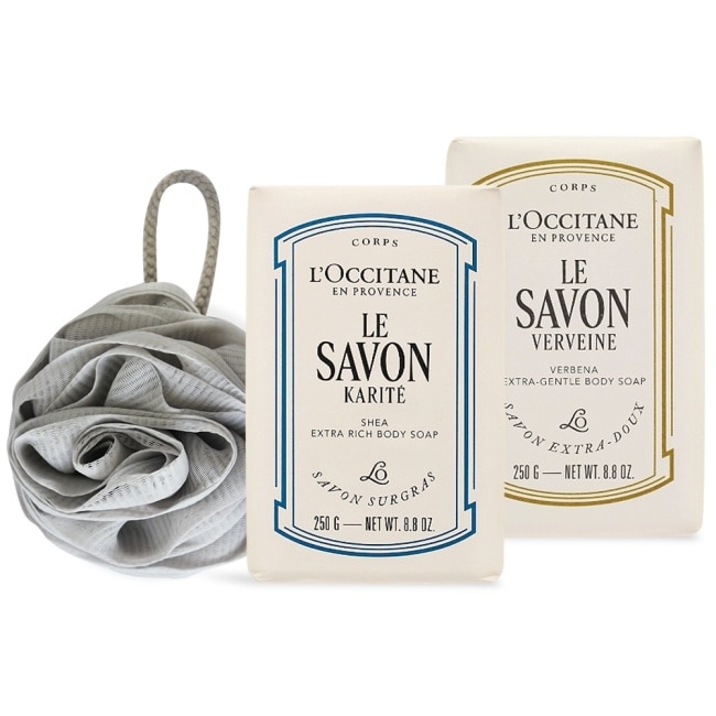 L’OCCITANE 歐舒丹 乳油木香氛沐浴組(250g)X2+沐浴球-牛奶+馬鞭草-專櫃公司貨