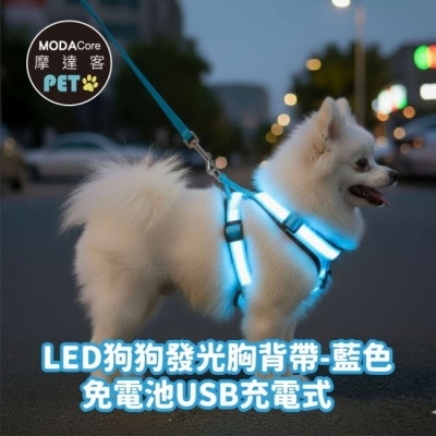 Modacore - 摩達客寵物-LED狗狗發光胸背帶-藍色S 夜間遛狗 免電池USB充電式 保護防撞防走失