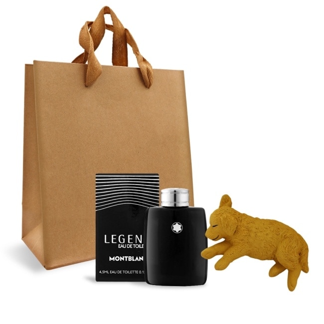 MONTBLANC 萬寶龍 傳奇經典男性淡香水迷你瓶(4.5ml)+深棕黃金獵犬擴香石擺飾-附提袋-專櫃公司貨