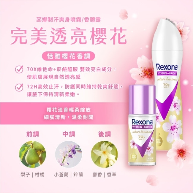 蕊娜制汗爽身噴霧-完美透亮櫻花 135ML