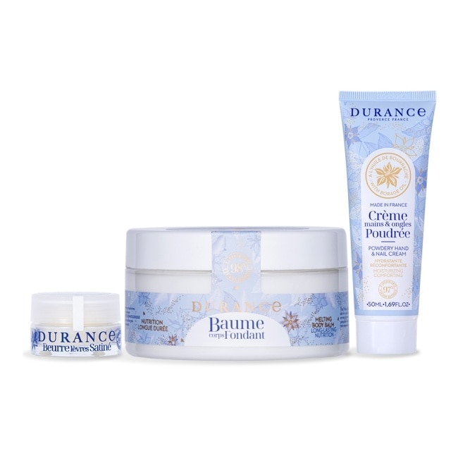 DURANCE 朵昂思 琉璃苣柔焦水嫩手唇保養組-潤膚霜+護手霜+護唇膏-專櫃公司貨