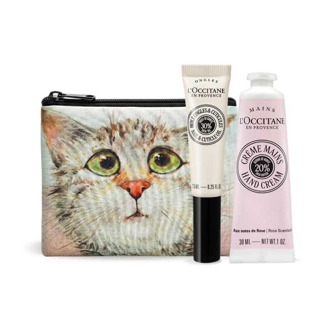 L’OCCITANE 歐舒丹 法式奢華手部養護組[護手霜+指緣油+貓咪零錢包]-乳油木玫瑰+指緣油-專櫃公司貨