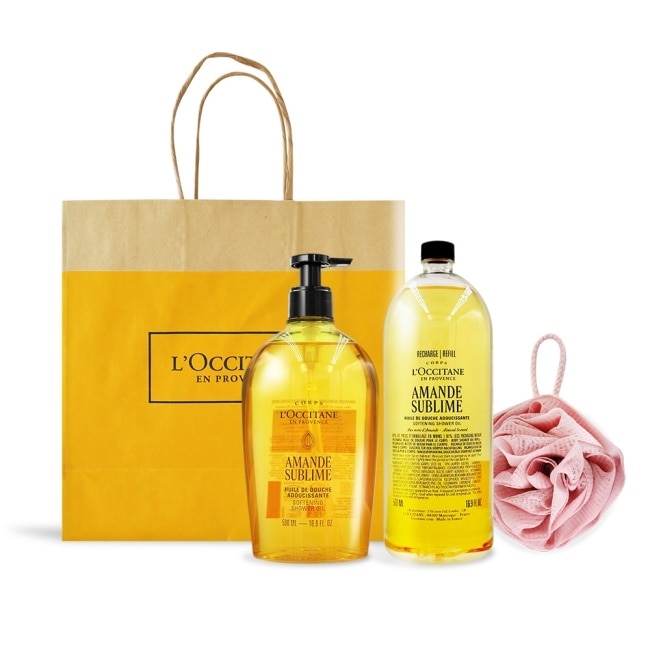 L’OCCITANE 歐舒丹 杏仁極緻柔膚沐浴油 1+1(500mlX2)巨容量組 (贈沐浴球)-專櫃公司貨
