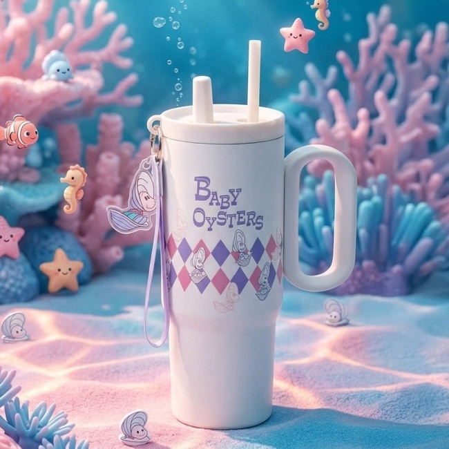迪士尼 牡蠣寶寶 吸管保溫杯 粉紫款 770ml(附吊飾) image