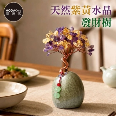 Modacore - 摩達客 天然紫黃水晶發財樹平安扣掛飾復古陶瓷底座 寓意智慧豐盛 質感居家招福擺飾 image