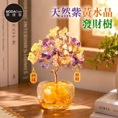 Modacore - 摩達客 天然紫黃水晶發財樹招財納福掛飾透明盆底 寓意智慧行動力財富 質感居家招福擺飾 image