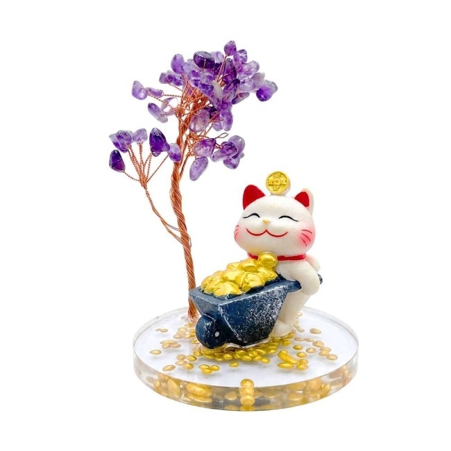 摩達客 天然紫水晶發財樹推車滿金富斗招財貓黃碎石圓底座 寓意智慧冷靜靈感 質感居家招福擺飾 image