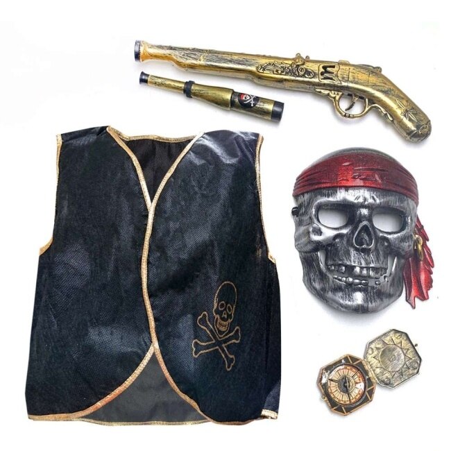 摩達客 cosplay派對裝扮派對變裝 兒童小海盜骷髏面具五件組(面具+背心+ 望遠鏡+復古槍+羅盤) image