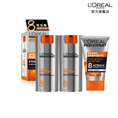 L`OREAL PARIS 巴黎萊雅 萊雅男士8效勁能保養+清潔組(8效乳液50ml*2 + 洗面乳100ml*1)