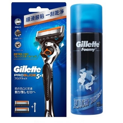 GILLETTE 吉列Proglide無感系列刮鬍刀 (1刀架2刀頭)*1+吉列鬍泡210g (薄荷)*1