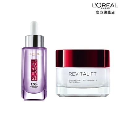 LOREALPARISSKINCARE 巴黎萊雅玻尿酸積雪草修護組(保濕水光精華+活力日霜)