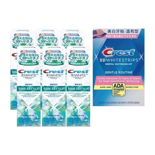 【Crest極致鑽白熱銷組】Crest美白牙貼+鑽感薄荷牙膏110g*6