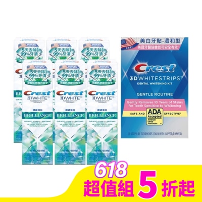美國 CREST 【Crest極致鑽白熱銷組】Crest美白牙貼+鑽感薄荷牙膏110g*6